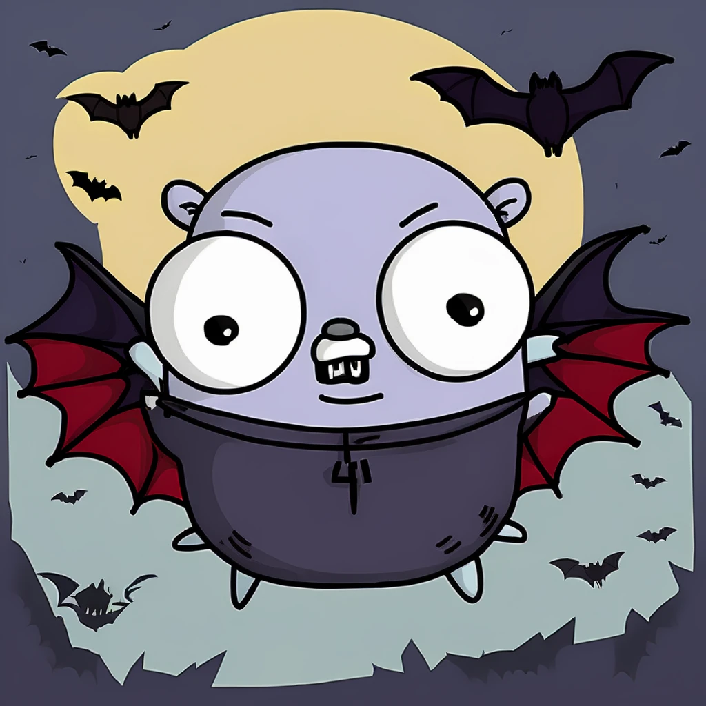 <lora:gophers_xl:1> 2d, gopher vampire with sharp teeth and bats on background, gopherArt
