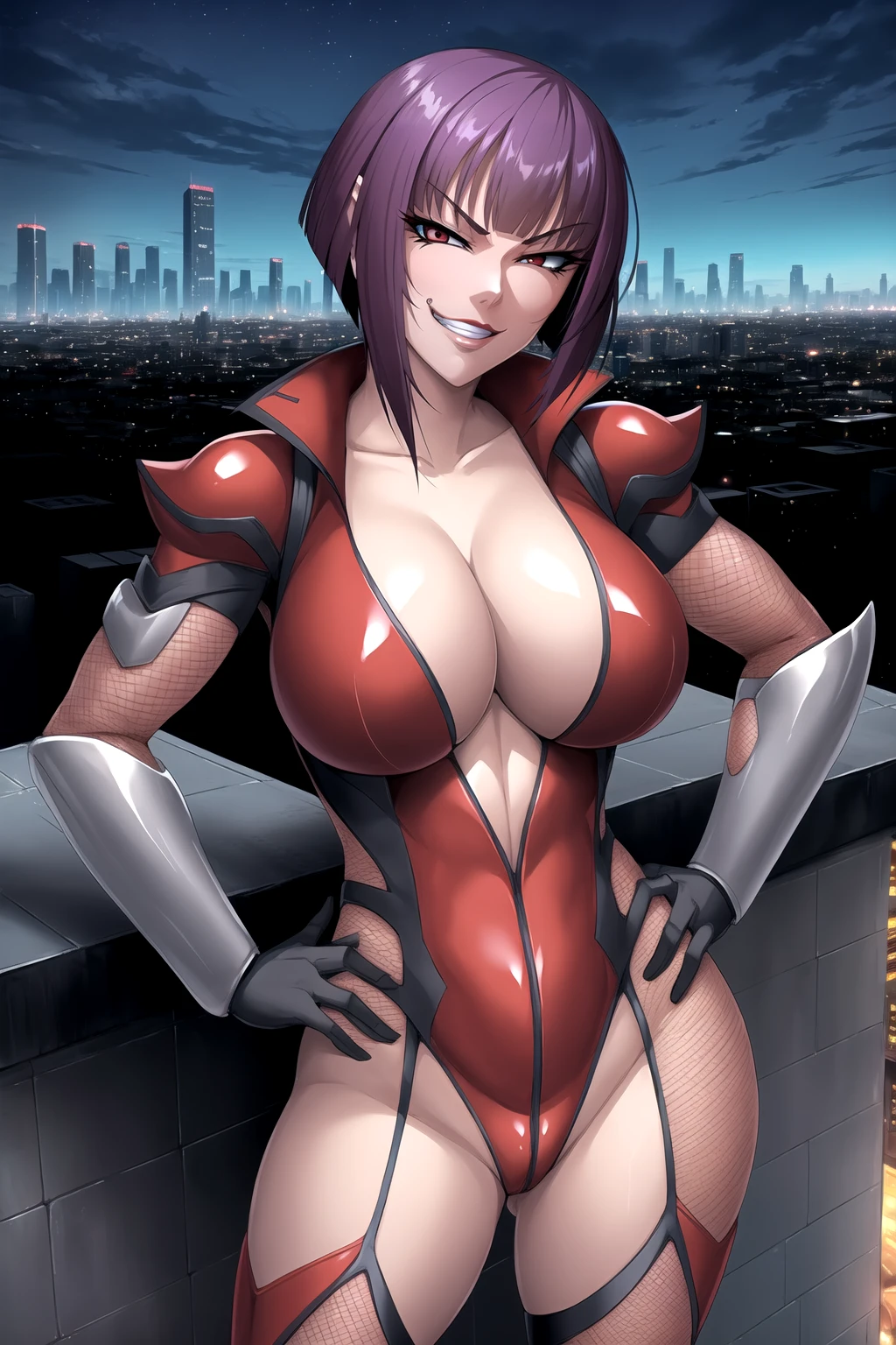 (high quality:1.2), extremely detailed, KyStyle,
Oboro, 1girl, solo, mature female, cowboy shot, close-up, standing, hands on hips, on rooftop, cityscape, cyberpunk city complex background, night, sky,
smug, smirk, evil grin,
purple hair, short hair, bangs, eyeshadow, low ponytail, lipstick, makeup, detailed face, red eyes,
Mainsuit, (fishnets:1.1), center opening, thigh boots, (gauntlets:1.1), gloves,
large breasts, cleavage,
<lora:Oboro2in1:0.8>
<lora:KyStyle:0.95>