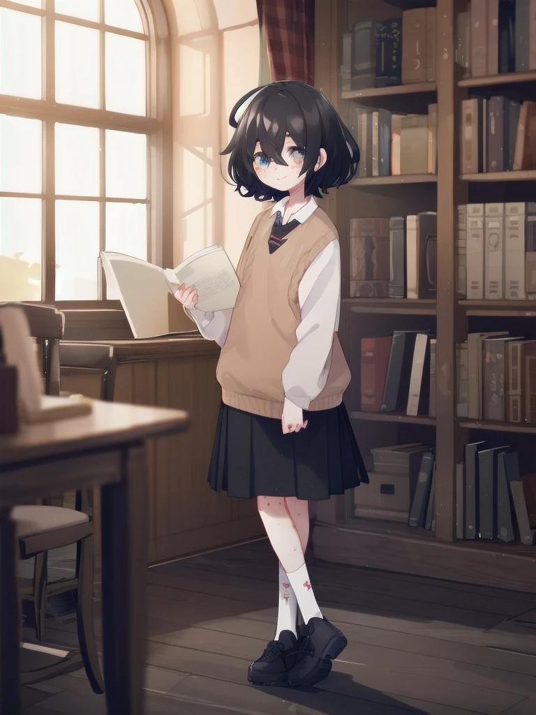 (masterpiece:1.2), (best quality:1.2), 1girl, solo, looking at viewer, smile, blush, BREAK
quiet library, wooden shelves lined with antique tomes, early morning sunlight streaming in through tall windows, BREAK
<lora:popoka:0.9> popoka, short hair, black hair, blind, (freckles), blue eyes, (different socks), sweater vest, pleated skirt, shoes,