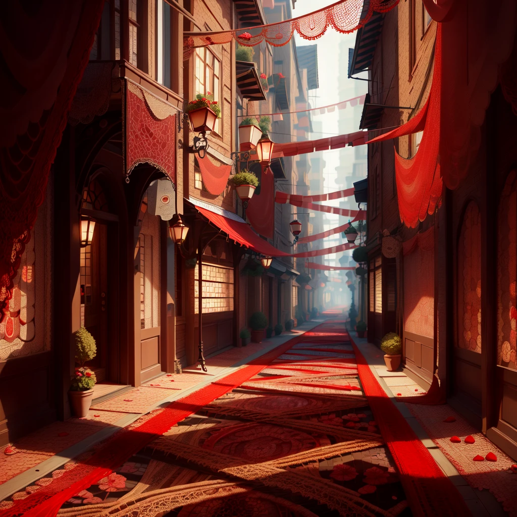 absurdres, masterpiece, extremely detailed,  <lora:WorldofLace:1>, worldoflace, lace, patterns, see through, winding alleyway, red,
