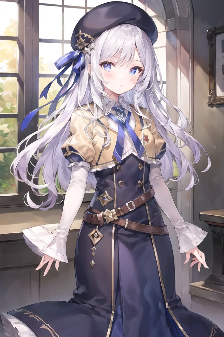 masterpiece, best quality, ultra-detailed, illustration, ray tracing,
<lyco:GoodHands:1.0>
<lora:SV_amlls:0.7>amlls, 1girl, solo, long hair, dress, long sleeves, beret, ribbon, belt, standing, looking at viewer, arms at side, cowboy shot, simple background, indoors