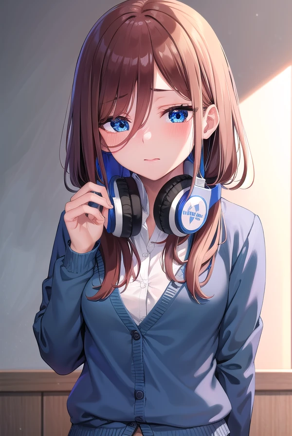 mikunakano, <lora:mikunakano-lora-nochekaiser:1>,
miku nakano, long hair, bangs, blue eyes, brown hair, shirt, hair between eyes, headphones, cardigan, headphones around neck, <lora:yudedako_v100:1>, embarrassed,
BREAK skirt, shirt, long sleeves, white shirt, pantyhose, pleated skirt, black pantyhose, cardigan, green skirt, blue cardigan,
BREAK looking at viewer,
BREAK indoors, classroom,
BREAK <lyco:GoodHands-beta2:1>, (masterpiece:1.2), best quality, high resolution, unity 8k wallpaper, (illustration:0.8), (beautiful detailed eyes:1.6), extremely detailed face, perfect lighting, extremely detailed CG, (perfect hands, perfect anatomy),