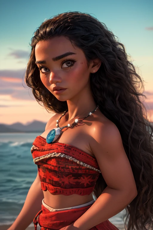 (masterpiece:1.2), (best quality), (ultra detailed), (8k, 4k, intricate),(half body:1.2),(cowboy:1.2),(highly detailed:1.2),(detailed face:1.2), (detailed background),(portrait),detailed landscape,(dynamic pose:1.2),<lora:more_details:0.5>, <lora:moana:0.7>moana 1girl, (solo), long hair, looking at viewer, black hair, bare shoulders, jewelry, dark skin, necklace, black eyes, dark-skinned female, strapless