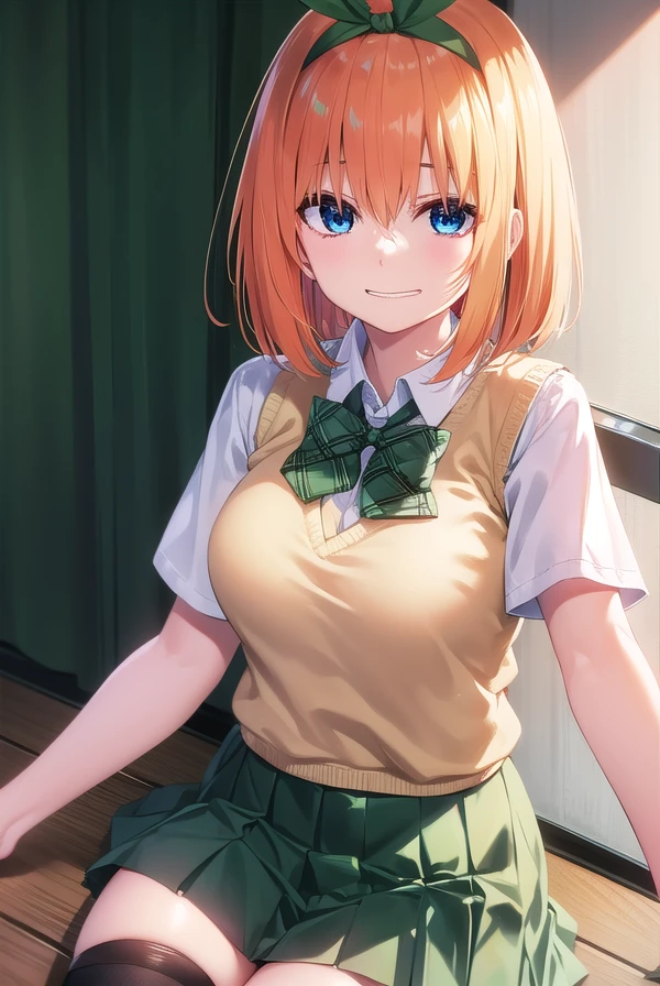 yotsubanakano, <lora:yotsubanakano-lora-nochekaiser:1>, 
yotsuba nakano, bangs, short hair, blue eyes, hair between eyes, hair ribbon, hairband, orange hair, green ribbon, <lora:talkmouth_I_v100:1>, smile,
BREAK skirt, shirt, bow, ribbon, school uniform, white shirt, short sleeves, pleated skirt, shoes, socks, collared shirt, miniskirt, bowtie, black footwear, kneehighs, green skirt, black socks, loafers, green bow, sweater vest, green ribbon,
BREAK looking at viewer, full body, upper body,
BREAK indoors, classroom,
BREAK <lyco:GoodHands-beta2:1>, (masterpiece:1.2), best quality, high resolution, unity 8k wallpaper, (illustration:0.8), (beautiful detailed eyes:1.6), extremely detailed face, perfect lighting, extremely detailed CG, (perfect hands, perfect anatomy),