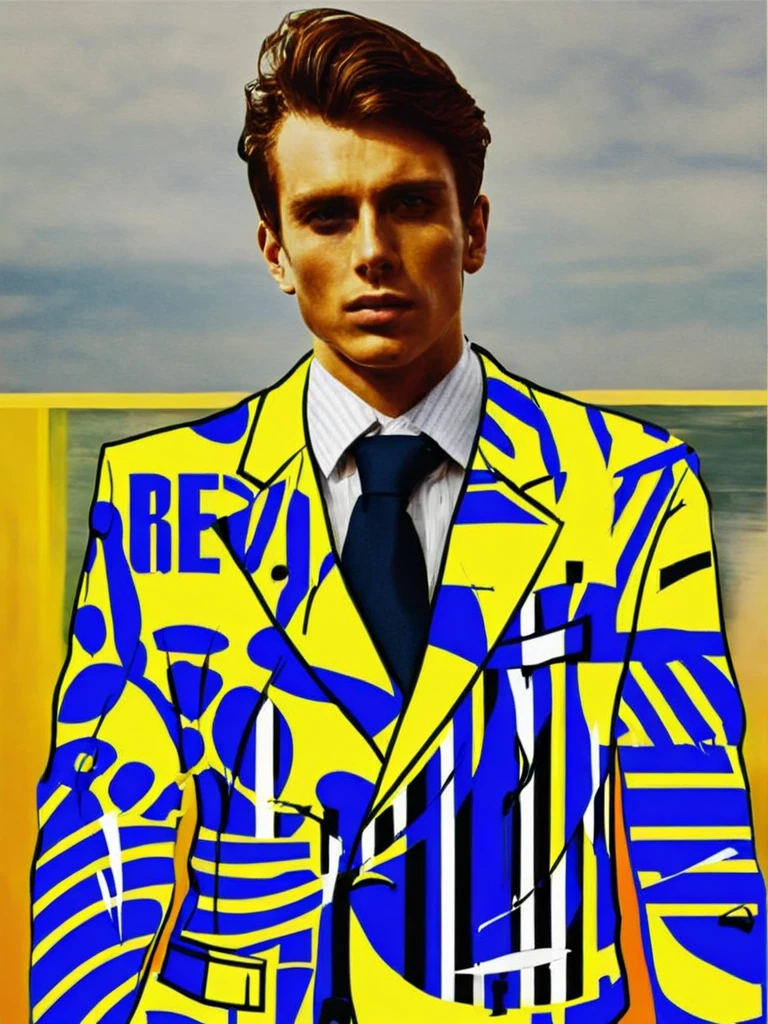 fashion photo of a man with a tie and a jacket graphical clothes by Trevor Myles , <lora:Graphical_Clothes_sdxl:1>