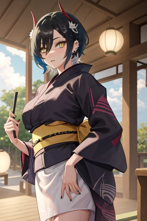best quality, masterpiece, highres, solo, {yukata:1.40}, {kimono:1.20}, {ulrich_von_hutten_azurlane:1.15}, horns, black_hair, yellow_eyes, short_hair, red_horns, multicolored_hair, breasts, piercing, bangs, hair_between_eyes, medium_breasts, mechanical_horns, white_hair, hair_over_one_eye, hair_ornament