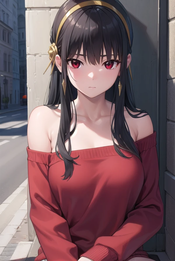 yorbriar, <lora:yorbriar-lora-nochekaiser:1>, 
yor briar, black hair, (red eyes:1.5), earrings, gold hairband, hairband, long hair, sidelocks, (medium  breasts:1.2),
BREAK bare shoulders, collarbone, dress, long sleeves, off shoulder, off-shoulder dress, off-shoulder sweater, pantyhose, red sweater, sweater, sweater dress, thighs,
BREAK outdoors, city,
BREAK looking at viewer, full body, upper body,
BREAK <lora:GoodHands-vanilla:1>, (masterpiece:1.2), best quality, high resolution, unity 8k wallpaper, (illustration:0.8), (beautiful detailed eyes:1.6), extremely detailed face, perfect lighting, extremely detailed CG, (perfect hands, perfect anatomy),