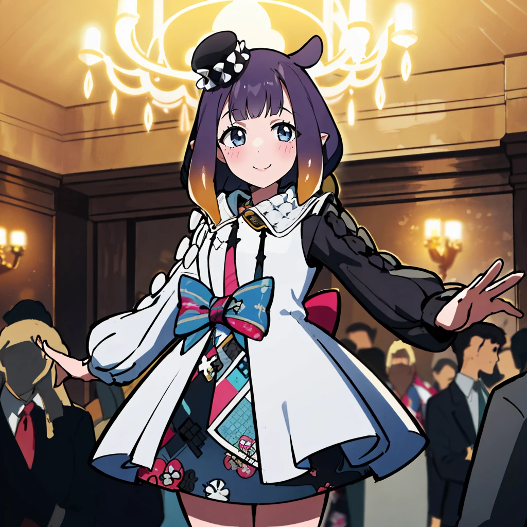 1girl, solo, inacolorful, multicolored clothes, mini hat, indoors, standing, cowboy shot, spread arms, chandelier, (crowd), smile <lora:thicker lines anime:1> <lora:anime screencap:0.7> <lora:ninomae ina'nis 5 outfits:1>