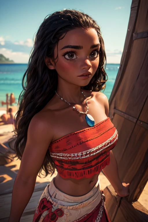 (masterpiece:1.2), (best quality), (ultra detailed), (8k, 4k, intricate),(half body:1.2),(cowboy:1.2),(highly detailed:1.2),(detailed face:1.2), (detailed background),(portrait),detailed landscape,(dynamic pose:1.2),<lora:more_details:0.5>, <lora:moana:0.7>moana,1girl, solo, long hair, black hair, bare shoulders, jewelry, outdoors, midriff, dark skin, necklace, black eyes, dark-skinned female, strapless, looking up, tube top