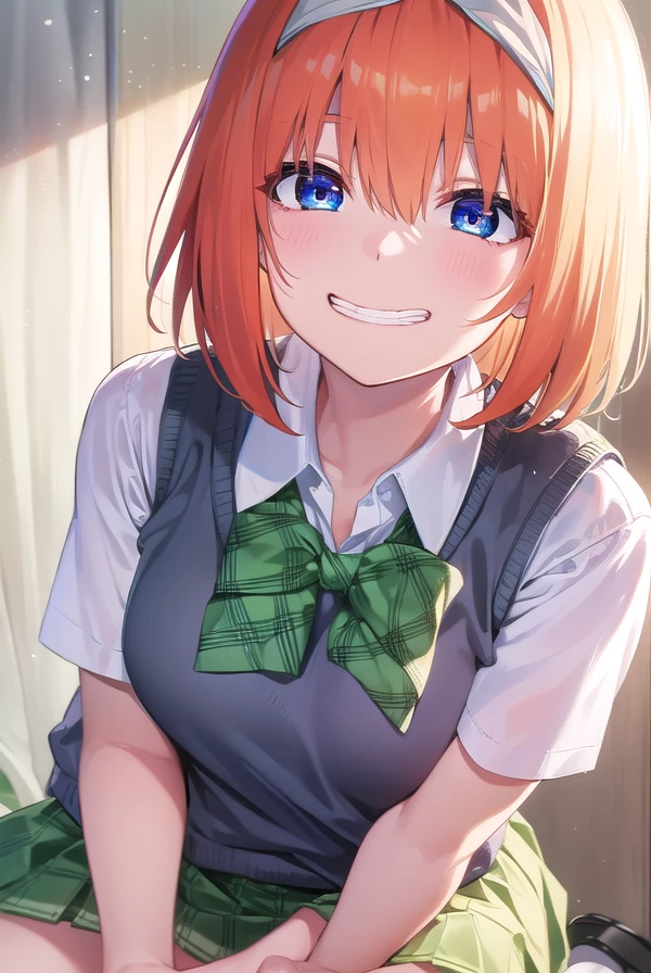 yotsubanakano, <lora:yotsubanakano-lora-nochekaiser:1>, 
yotsuba nakano, bangs, short hair, blue eyes, hair between eyes, hair ribbon, hairband, orange hair, green ribbon, <lora:talkmouth_I_v100:1>, smile,
BREAK skirt, shirt, bow, ribbon, school uniform, white shirt, short sleeves, pleated skirt, shoes, socks, collared shirt, miniskirt, bowtie, black footwear, kneehighs, green skirt, black socks, loafers, green bow, sweater vest, green ribbon,
BREAK looking at viewer, full body, upper body,
BREAK indoors, classroom,
BREAK <lyco:GoodHands-beta2:1>, (masterpiece:1.2), best quality, high resolution, unity 8k wallpaper, (illustration:0.8), (beautiful detailed eyes:1.6), extremely detailed face, perfect lighting, extremely detailed CG, (perfect hands, perfect anatomy),