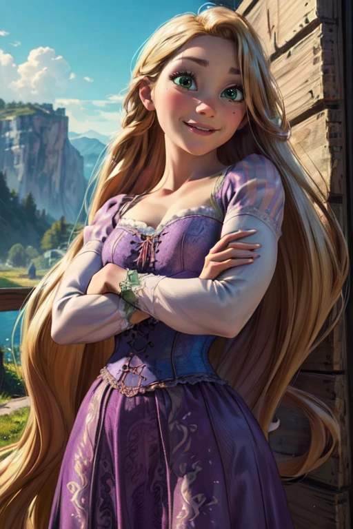 (masterpiece:1.2), (best quality), (ultra detailed), (8k, 4k, intricate),(half body:1.2),(cowboy:1.2),(highly detailed:1.2),(detailed face:1.2), (detailed background),(portrait),detailed landscape, (dynamic pose:1.2),<lora:more_details:0.5>, <lora:rapunzel:0.7>rapunzel 1girl, solo, long hair, smile, blonde hair, dress, very long hair, green eyes, crossed arms, corset, purple dress
