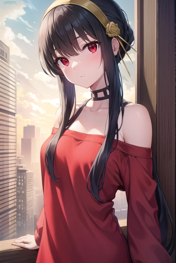 yorbriar, <lora:yorbriar-lora-nochekaiser:1>,
yor briar, black hair, (red eyes:1.5), earrings, gold hairband, hairband, long hair, sidelocks, (small breasts:1.2),
BREAK bare shoulders, collarbone, dress, long sleeves, off shoulder, off-shoulder dress, off-shoulder sweater, pantyhose, red sweater, sweater, sweater dress, thighs,
BREAK outdoors, city,
BREAK looking at viewer, full body, upper body,
BREAK <lora:GoodHands-vanilla:1>, (masterpiece:1.2), best quality, high resolution, unity 8k wallpaper, (illustration:0.8), (beautiful detailed eyes:1.6), extremely detailed face, perfect lighting, extremely detailed CG, (perfect hands, perfect anatomy),