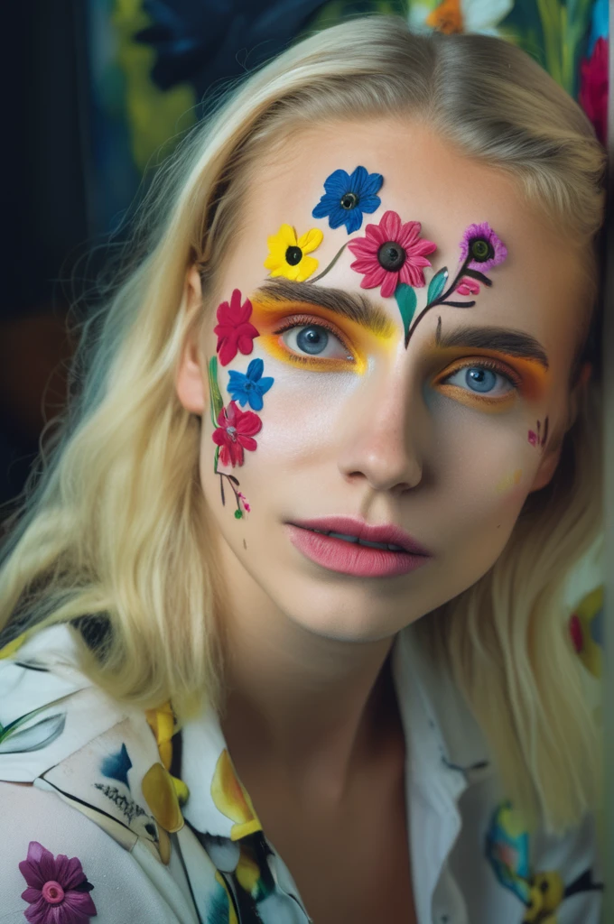 portrait photo of an 20 years old european blonde haired woman sitting in office, style \(artistic makeup with painted flowers\) , 8k, uhd, realistic, detailed skin, insane detailed, Illumination daylight, <lora:artisticmakeup_bit_winks_yamer:1>