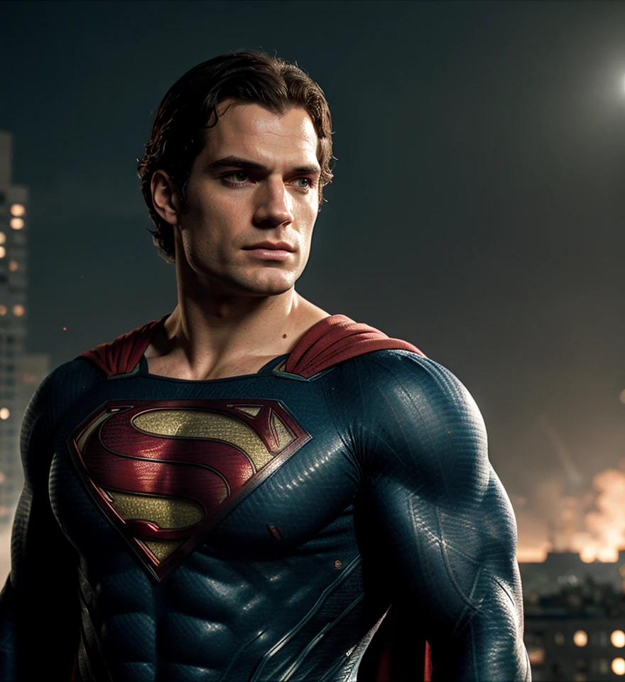 Henry cavill is superman , superhero, upper body, colours, draw comic, 1boy, building destroyed (cinematic, teal and orange:0.85), (muted colors, dim colors, soothing tones:1.3), low saturation, (hyper detailed:1.2), (noir:0.4), (intricate details:1.12), hdr, (intricate details, hyper detailed:1.15),