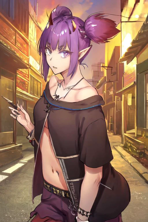 mitake_eil arknights lava_(arknights) 1girl artist_name black_pantyhose black_shirt closed_mouth collarbone fang fang_out holding holding_knife horns jewelry knife looking_at_viewer midriff multiple_rings navel necklace off-shoulder_shirt off_shoulder pantyhose pointy_ears purple_eyes purple_hair ring shirt short_hair short_twintails solo stomach twintails