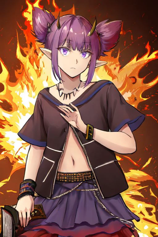 kuronosu_(yamada1230) arknights lava_(arknights) commentary highres 1girl black_shirt book fire grey_background hair_between_eyes hand_up holding holding_book holding_knife holding_weapon horns jewelry knife layered_skirt looking_at_viewer navel necklace pointy_ears purple_eyes purple_hair purple_skirt ring shirt short_hair short_sleeves skirt solo twintails weapon