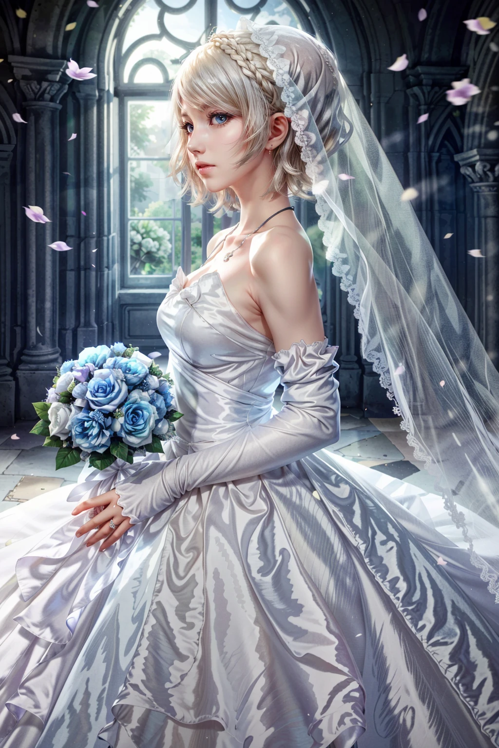 (masterpiece, best quality:1.3)
<lora:epi_noiseoffset2:1> <lora:add_detail:0.7> <lora:LunaFF:0.9>
LunaFF, 1girl, solo, short hair, gloves, dress, holding, bare shoulders, jewelry, braid, flower, necklace, white dress, from side, veil, bridal gauntlets, bouquet, wedding dress, realistic, crown braid, bridal veil, bride