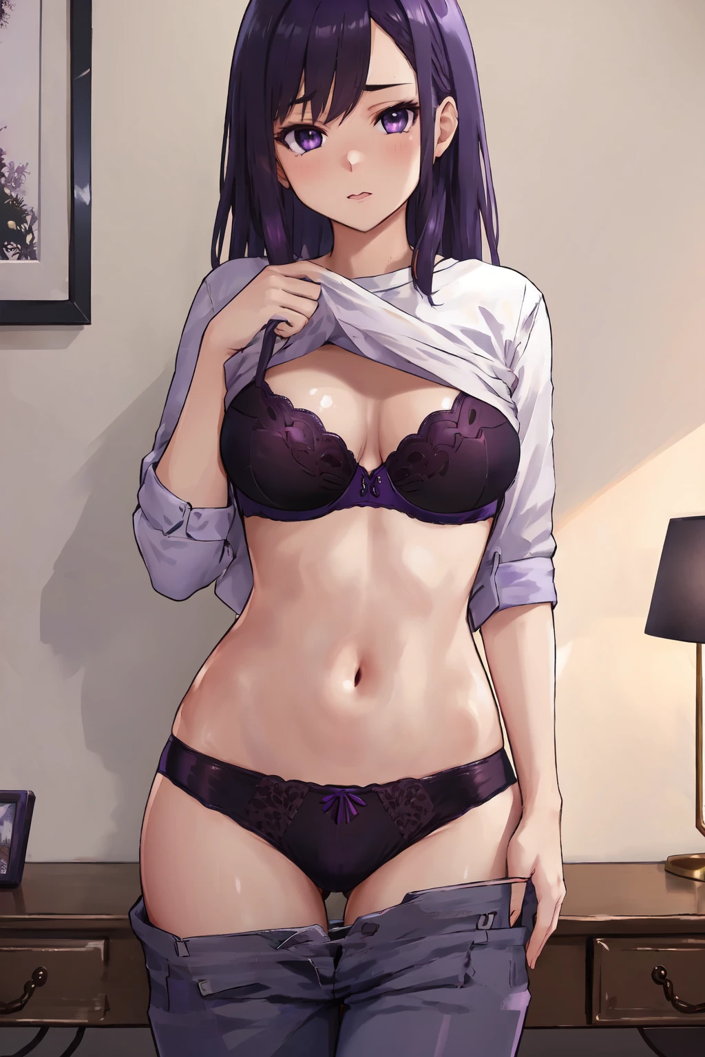 Masterpiece, best quality, intricate details, ultra detailed, 1girl, <lora:SLPP:0.7>, purple hair, purple eyes, shirt lift, pants pull, bra, panties, bedroom, furniture,