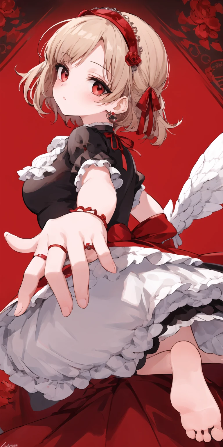 (best quality, masterpiece), (eye focus, face, close-up:0.5), blush, (expressionless:0.7), 1girl, solo focus, bangs, white background, dutch angle, side, head tilt, jewelry
, (victorian, red theme:1.3), (:1.3), barefoot
, perspective,foreshortening, from behind, nape