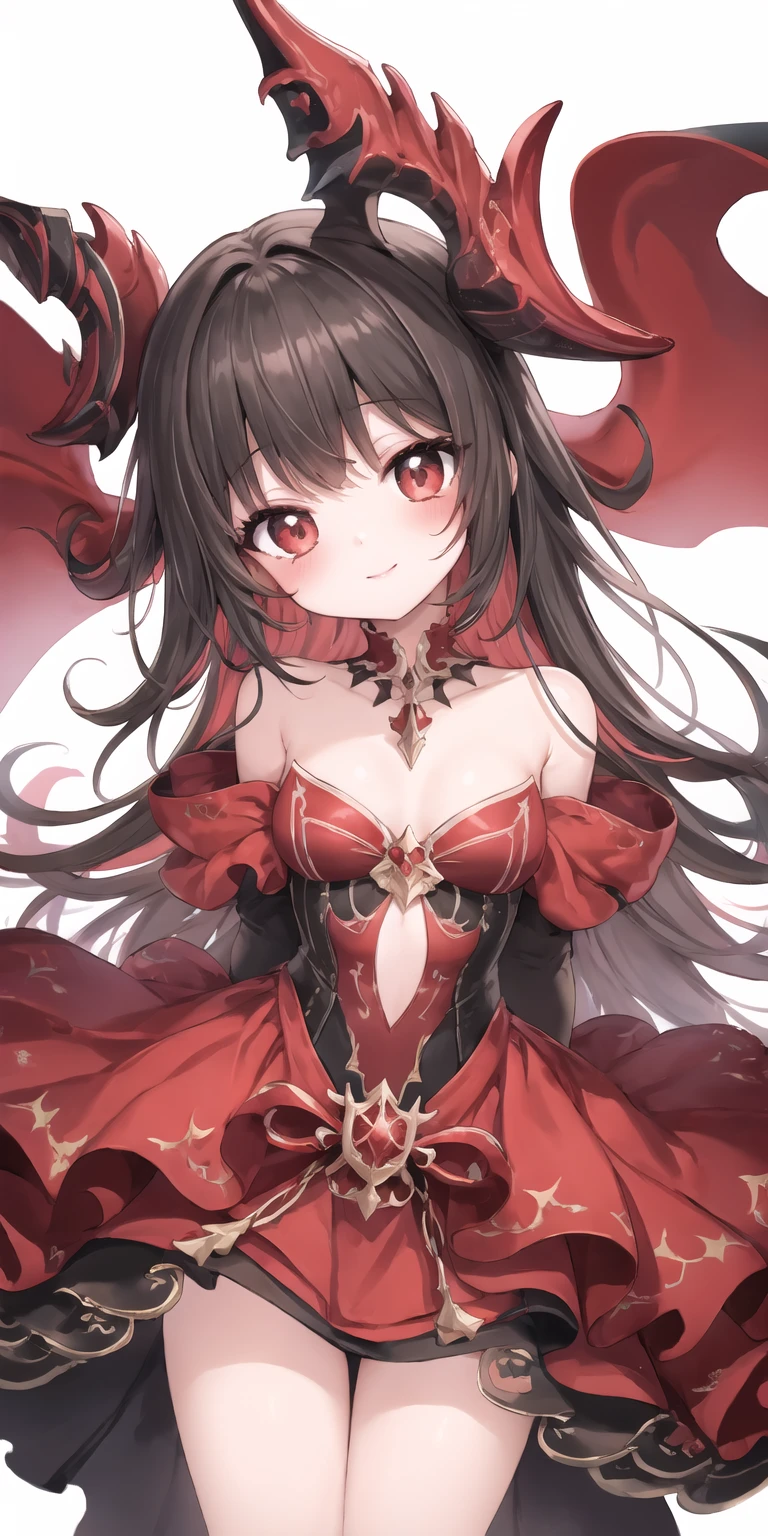 (best quality, masterpiece), (eye focus, face, close-up:0.4), blush, (smile:0.7), 1girl, solo focus, bangs, white background, durch angle, side, head tilt, jewelry, bow, horn
, (fantasy, red theme:1.3), multicolored, gradient
, perspective