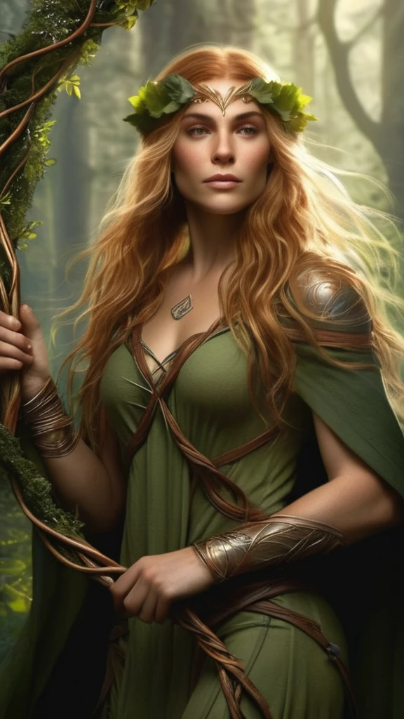 Elira is a gentle and wise elven druid, with an innate connection to the natural world and its creatures. Her golden-brown hair and serene, hazel eyes reflect her deep bond with the earth and the life it nurtures. Carrying a gnarled, vine-wrapped staff, Elira can commune with animals and transform into various creatures, using her shape-shifting abilities to protect and heal the world around her