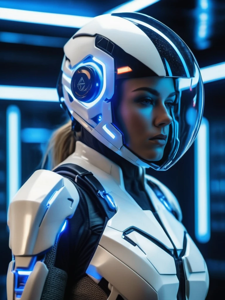 female sci-fi white military cyborg, detailed helmet, detailed mask, white Teflon armor, cyberpunk, neon blue, neon ray blue, white technical room background, blue energy beam background, blue neon light, 3D renderer, blender renderer, ray tracing, the highest quality, the highest detail, fantasy movie style, volume lighting, Bokeh, Long Exposure, 8K, HDR, Triangle, Hexagonal, Flexible Polyhedron, Geometric, Teflon, Mist, Plasma, --no face, hair, fabric, clothes