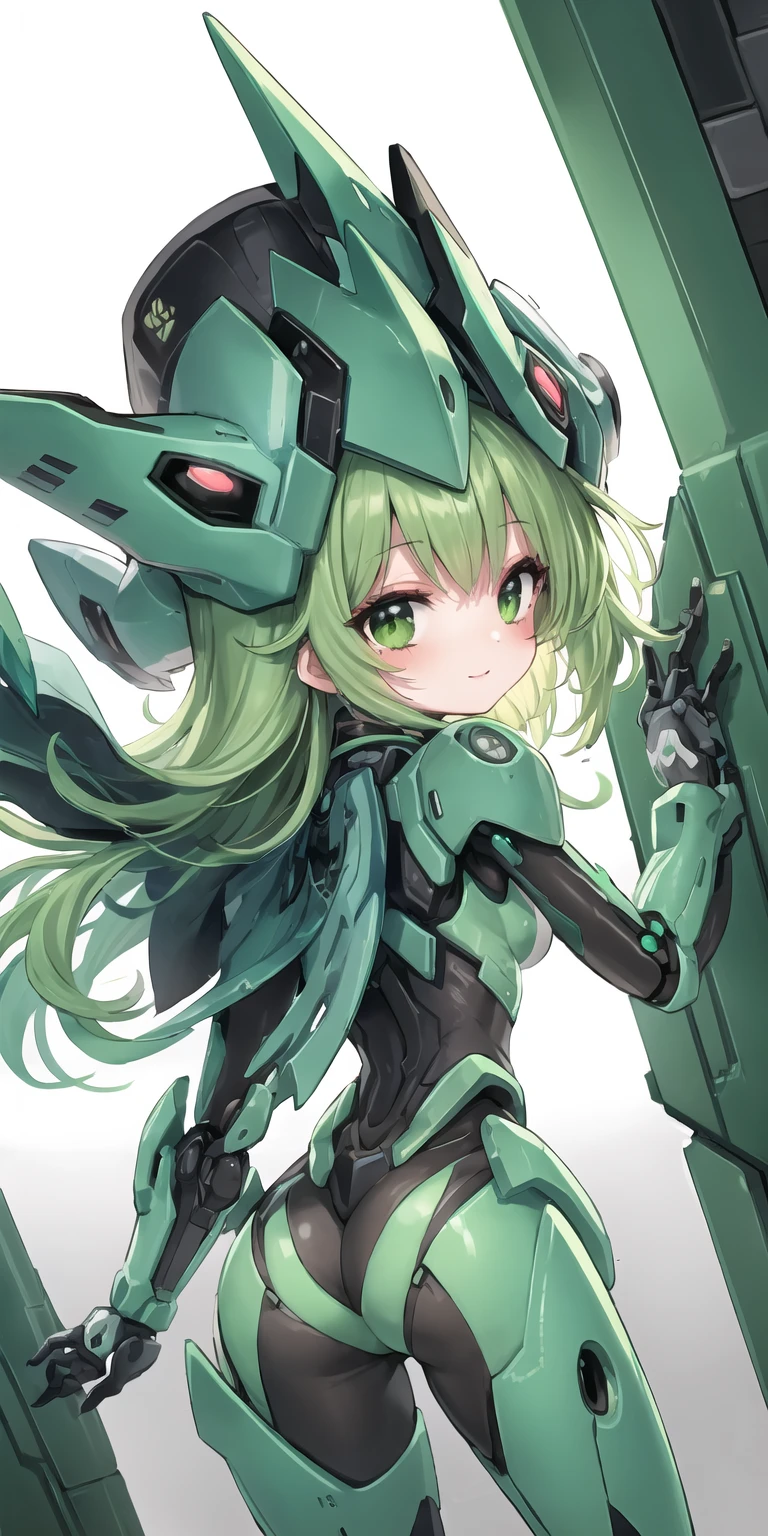 (best quality, masterpiece), (eye focus, face, close-up:0.4), blush, (smile:0.7), 1girl, solo focus, bangs, white background, dutch angle, side, head tilt, bow,jewelry,hat
, (cyberpunk, mecha, green theme:1.3), multicolored, gradient
, perspective, from behind