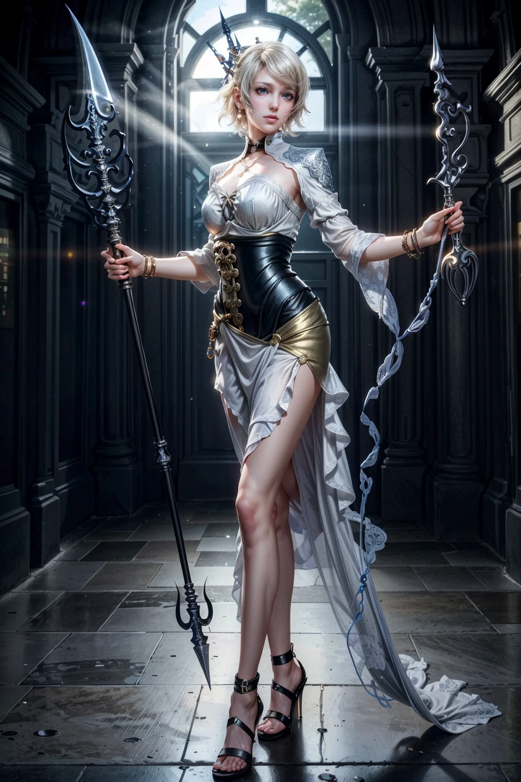 (masterpiece, best quality:1.3)
<lora:epi_noiseoffset2:1> <lora:add_detail:0.7> <lora:LunaFF:0.8>
LunaFF, 1girl, solo, short hair, dress, jewelry, full body, weapon, high heels, bracelet, polearm, corset, spear, realistic, trident