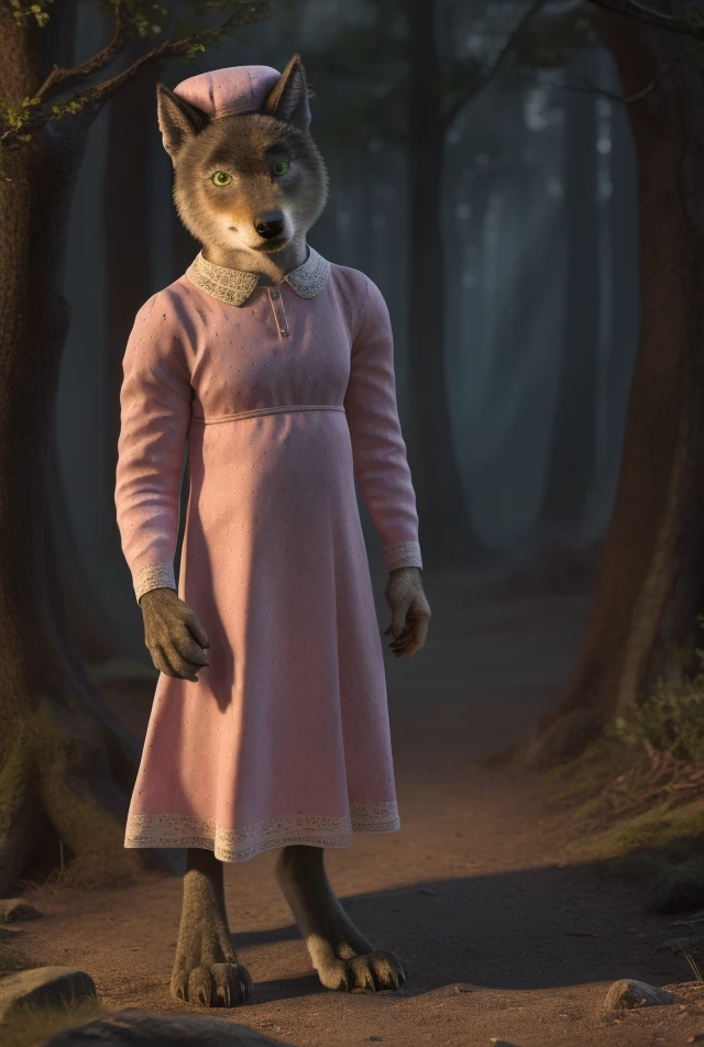 (detailed face, detailed clothing, detailed green eyes), full body,  digitigrade, wolfie, anthro male, wolf wearing pink bonnet and pink nightgown standing in the forest
BREAK
(masterpiece, best quality, ultra realistic, 4k, 2k, (intricate:0.9), (high detail:1.4), film photography, soft focus,
RAW photo, photorealistic, analog style, subsurface scattering, photorealism, absurd res)
<lora:Wolfie-35:0.8>
