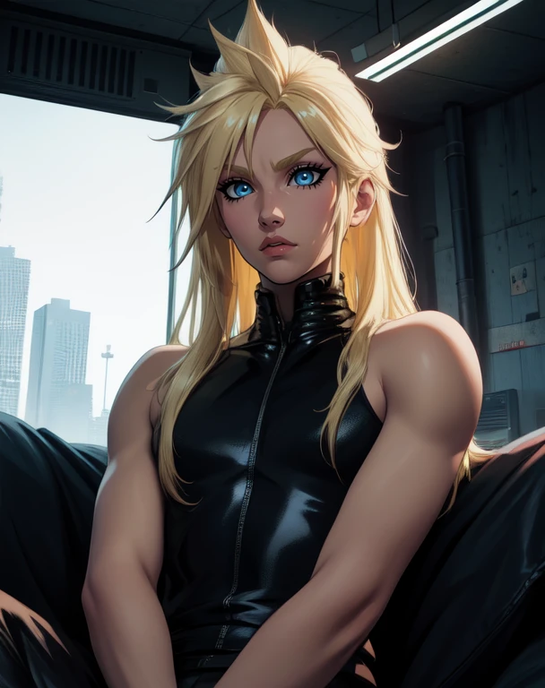 Cloud, long blonde hair, blue eyes, solo, eyeliner, otoko no ko,
upper body, eyeliner, sitting,
hips, black turtleneck, bare shoulders,
night, industrial, cyberpunk, indoors, bed,
(insanely detailed, beautiful detailed face, masterpiece, best quality) <lora:CloudFB-10v6:0.7>
