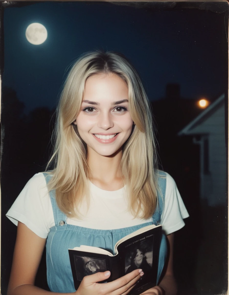 Faded Polaroid Photo of Happy Halloween! Spooky trick or treat! ð», extremely content happy smile , + / A fit dirty blonde haired woman in Jackson, Mississippi in summer at night (Holding a book:0.8), analog, old faded photo, old polaroid