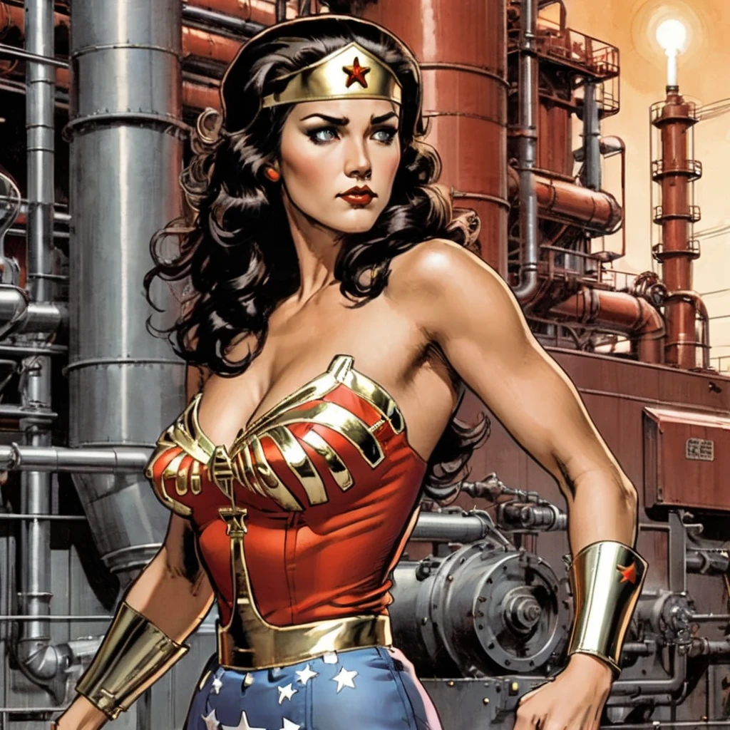 Capture the dynamic and alluring illustrations of Adam Hughes photo of w0nd3r woman, medium shot, clenched fist, background of a factory, red alarm light, pipes, machinery<lora:w0nd3r-woman-000006:0.7> . Comic book heroes, powerful poses, detailed linework, iconic characters