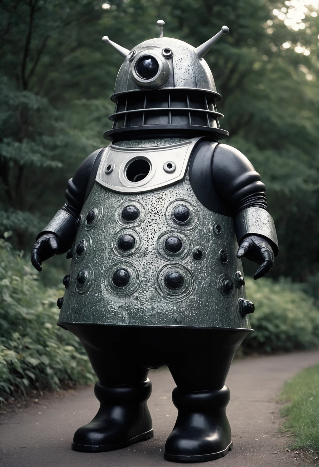 Zentangle, photograph, Cozy, Ektachrome, Sun Rays, [Wretched:Fashionable:2] morbidly obese Dalek, wearing Shipbuilder Fishing waders, Weary Short hairstyle, waning light, Dark, Bloom light, Kodachrome, Intricate, abstract, monochrome, patterns, meditative, highly detailed