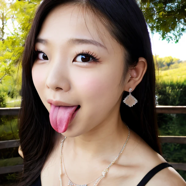 <lyco:Asian_Babe_pornV5:0.7>,(face cloes-up),face focus and solo,raw photo of a 18 year old chinese woman named asianbabe,aegyo sal,Ulzzang,from front,(front view:1.2) and (facing viewer) and (looking at viewer:1.2) and mascara,long eyelashes and detailed eyes and detailed facial features and(Comfortable expression and (sexual innuendo) and (oral invitation and open mouth and tongue) and (tongue out:1.2) and sexy lips,(photorealistic:1.4) and (Realistic:1.4) and Detailed Skin Textures and detailed skin pores and high skin detail,black long hair,wearing beautiful earrings,sexy neck,collarbone,necklace,cleavage visible,photorealistic light,studio light,outdoor,pond,trees,park background,sunlight