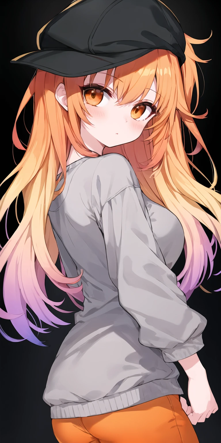 (best quality, masterpiece), (eye focus, face, close-up:0.5), blush, (expressionless:0.7), 1girl, solo focus, bangs, white background, dutch angle, side, head tilt, hat,jewelry
, (casual, contemporary, orange theme:1.3), (gradient:1.3),
, , from side