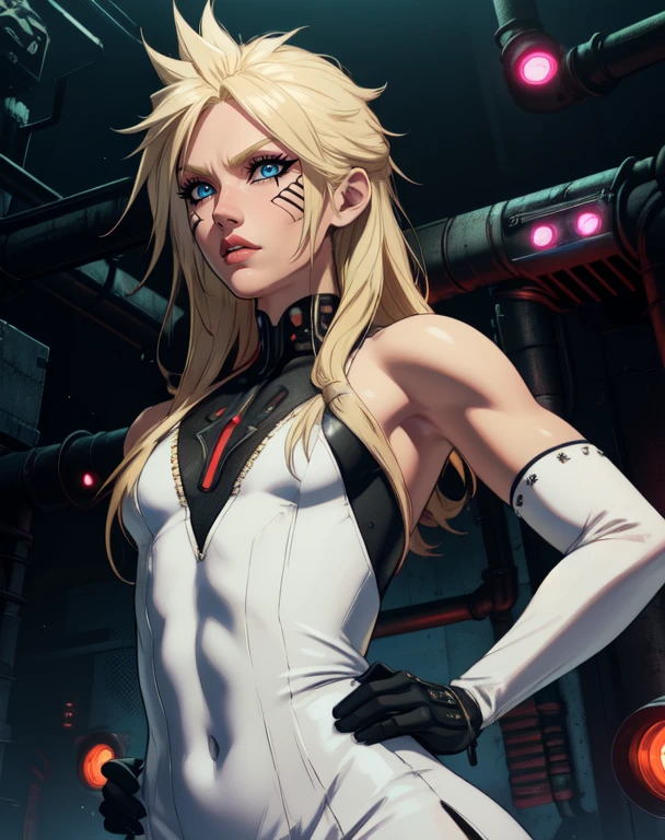 Cloud, long blonde hair, blue eyes, solo, eyeliner, otoko no ko,
upper body, eyeliner, lip gloss, dark makeup, serious,
hips, arms behind back,
,flat chest, white dress, black elbow gloves, night, industrial, cyberpunk,
standing, pose,
(insanely detailed, beautiful detailed face, masterpiece, best quality) <lora:CloudFB-10v6:0.7>
