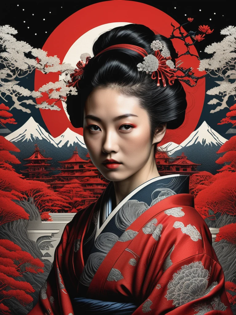 beautiful girls from Japan, by Hokusai and James Gurney + Black paper with intricate and vibrant red line work + Tarot Card + Mandelbulb Fractal + Full of silver layers + symmetrical Portrait + Trending on Artstation + Incredible black and red gothic illustration + Exquisite detail
