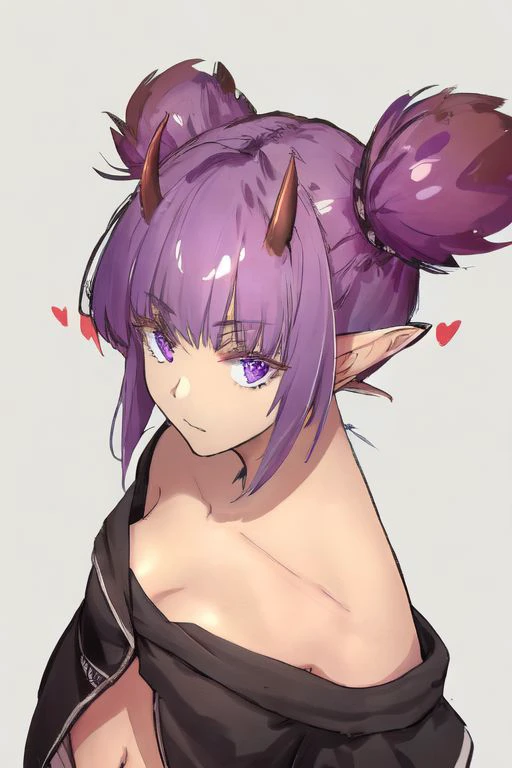 o_kita915 arknights lava_(arknights) highres 1girl black_gloves black_jacket border breasts collarbone demon_horns gloves grey_background horns jacket looking_at_viewer navel no_shirt one-hour_drawing_challenge outside_border purple_eyes purple_hair purple_skirt short_hair short_sleeves short_twintails sidelocks simple_background skirt small_breasts solo twintails white_border