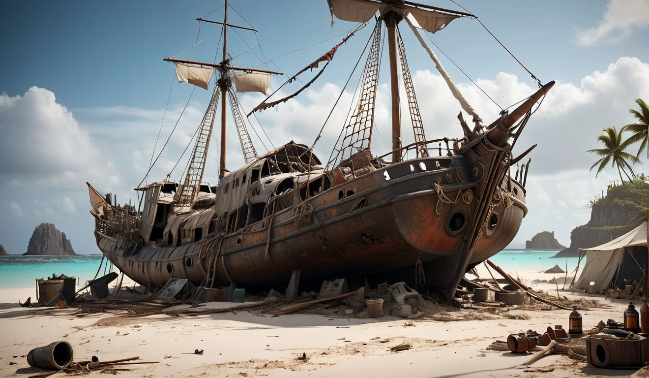 cinematic view of huge beached sailboat, broken grounded sailboat used as camp, (intricate debris all around:1.4), awnings, rum bottles hanging, dirty laundry to dry, on top of (paradise island:1.3), <lora:ScrapBuiltAI:0.75> scrapbuiltai, madmax style, postapocalyptic, ,sunny day, space opera,, shallow depth of field, vignette, highly detailed, high budget, bokeh, cinemascope, moody, epic, gorgeous, grainy, , 8k uhd, dslr, soft lighting, high quality, (film_grain:1.2), cinematic style, Leica M4, 50mm f/1.4 lens, f/2.8, ISO 400, 1/125 sec,