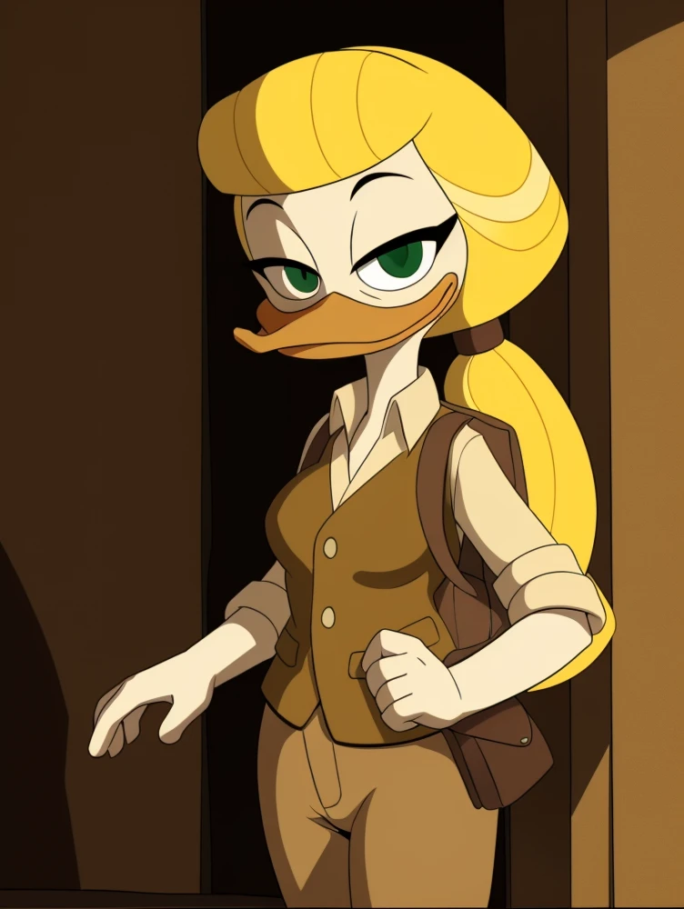 <lora:Goldie O'Gilt:0.5> (ducktales) (kyurisawa:1.2) (chelodoy:1) (ashraely:1) (seraziel:1) BREAK (anthro duck) (goldie o'gilt) (blonde hair) (female) (headshot portrait:1.2) (roll bangs, low ponytail:1.2) ( tan pants, tan vest, satchel, backpack, dress shirt,) (beak:1.2) (seductive, narrowed eyes) (breasts:1.2) (green eyes) (eye bags) (standing) (solo:1.2) (orange dress:1.1) (white skin:1.2) (solo:1.1) (mansion, inside:1.4)