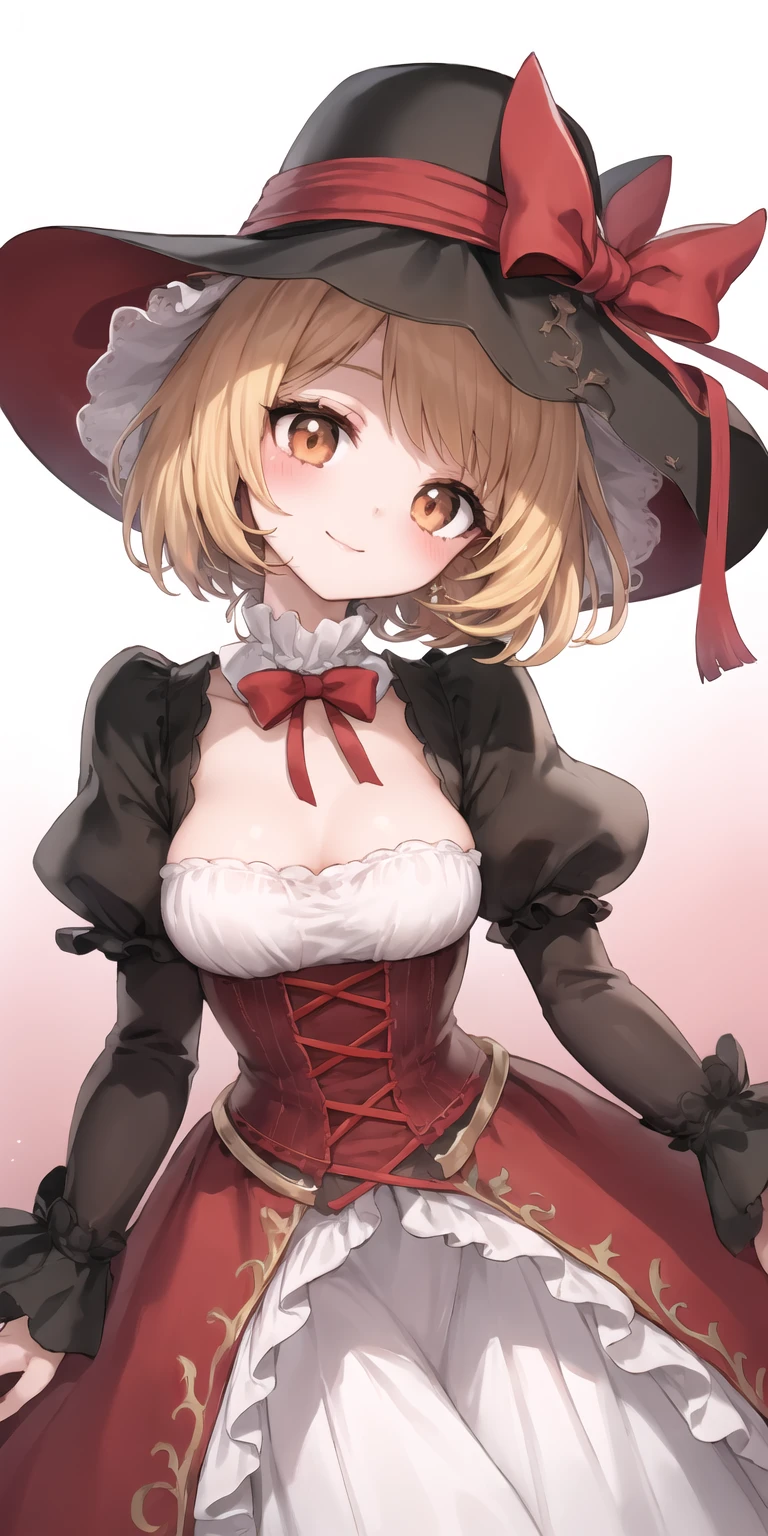 (best quality, masterpiece), (eye focus, face, close-up:0.4), blush, (smile:0.7), 1girl, solo focus, bangs, white background, dutch angle, side, head tilt, jewelry,bow,hat
, (victorian, red theme:1.3), multicolored, gradient
, perspective, from side