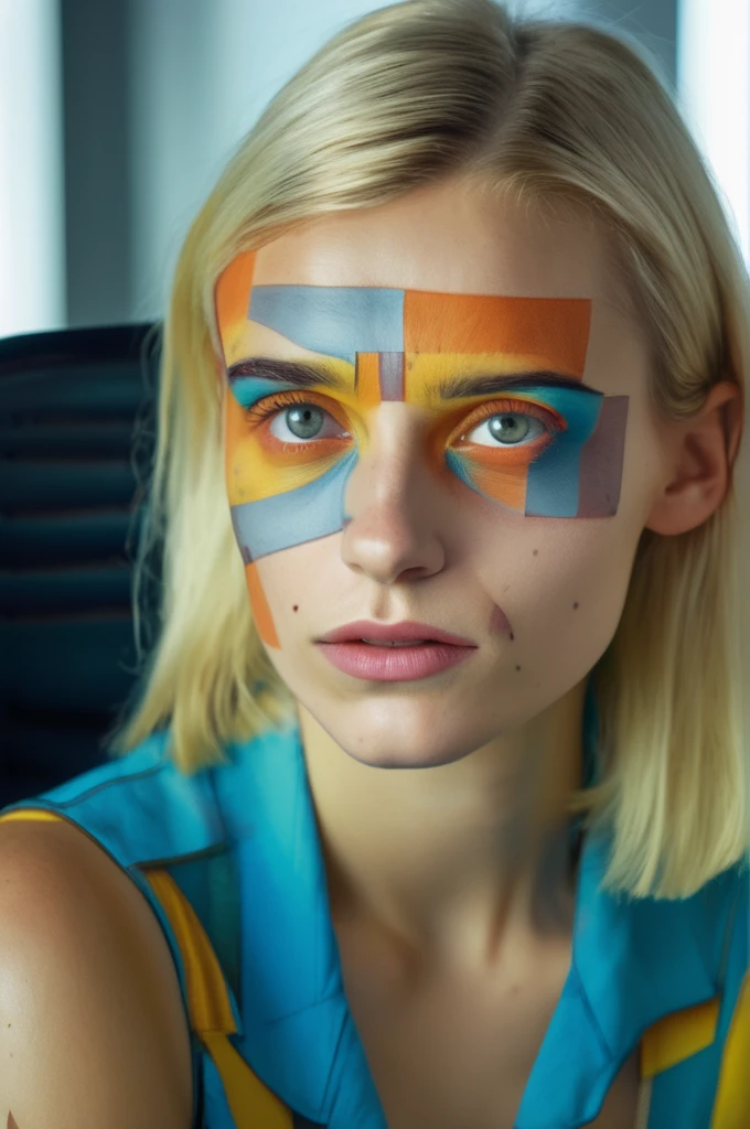 close up portrait photo of an 20 years old european blonde haired woman sitting in office, style \(artistic makeup by paul klee\) , 8k, uhd, realistic, detailed skin, insane detailed, Illumination daylight, <lora:artisticmakeup_bit_winks_yamer:1>