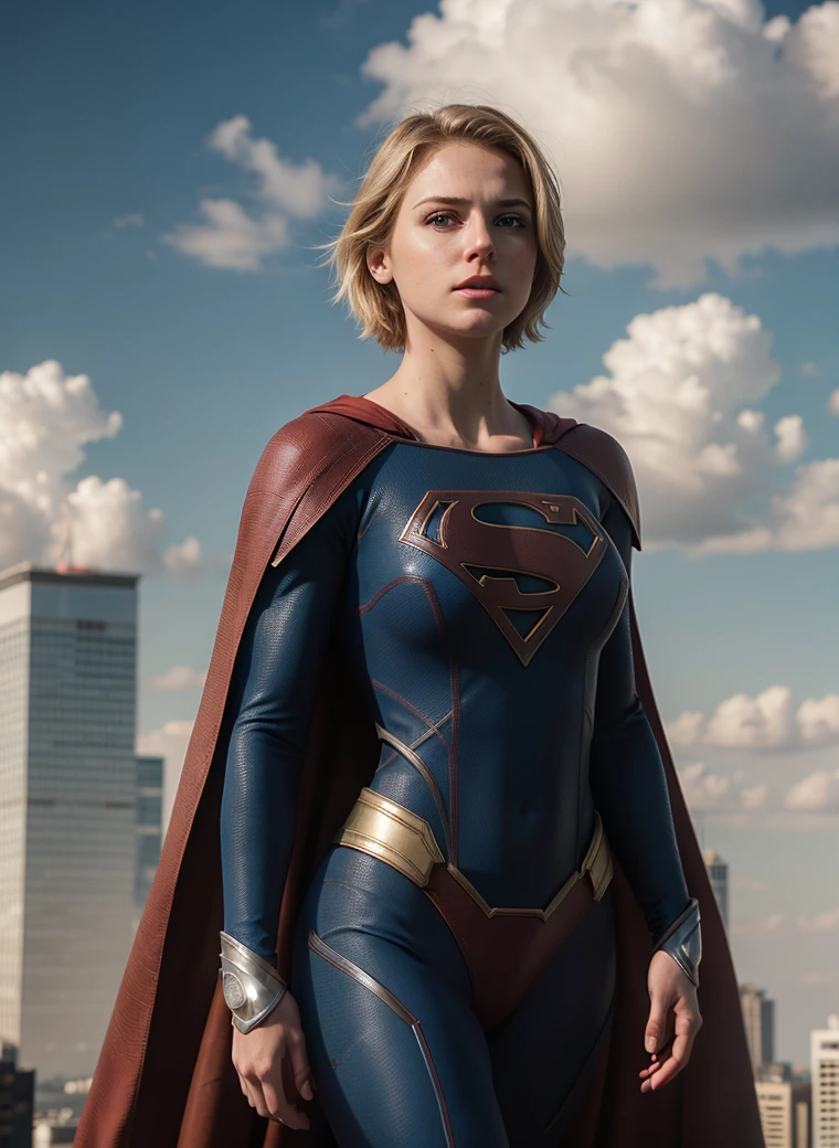 Supergirl , hero, hair short blonde, ((masterpiece)), ((best quality)), (ultra-detailed), absurdres, extremely detailed CG unity 8k wallpaper,Accurate describe shapes, (realistic), beautiful face, detailed hands, expressive eyes, upper body, ((close-up)), solo, city, scenery, dramatic light, (standing, superhero) , ((masterpiece)), absurdres, HDR <lora:epi_noiseoffset2:0.7>
