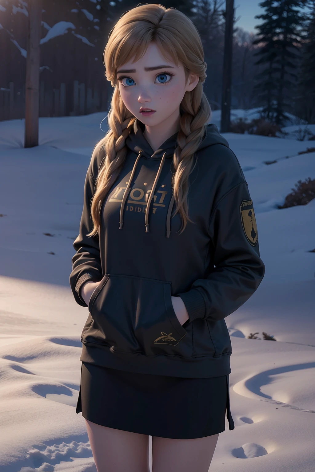 realistic, realism, photorealism, photo-realistic, high contrast, (photorealistic:1.4), 8k high definition detailed realistic, (best quality, masterpiece:1.2), NSFW, photon mapping, radiosity, physically-based rendering, best quality, highly detailed,1girl, fanna, big eyes, looking at the viwer, outdoors, snow, hoodie, skirt,