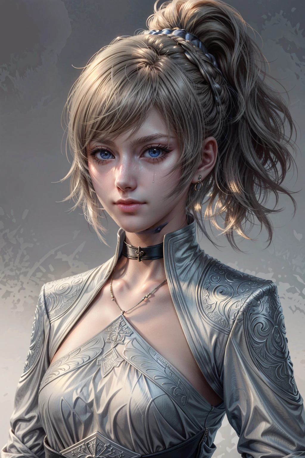 (masterpiece, best quality:1.3)
<lora:epi_noiseoffset2:1> <lora:add_detail:0.7> <lora:LunaFF:0.8>
LunaFF, 1girl, solo, short hair, simple background, jewelry, closed mouth, jacket, upper body, ponytail, choker, black background, realistic