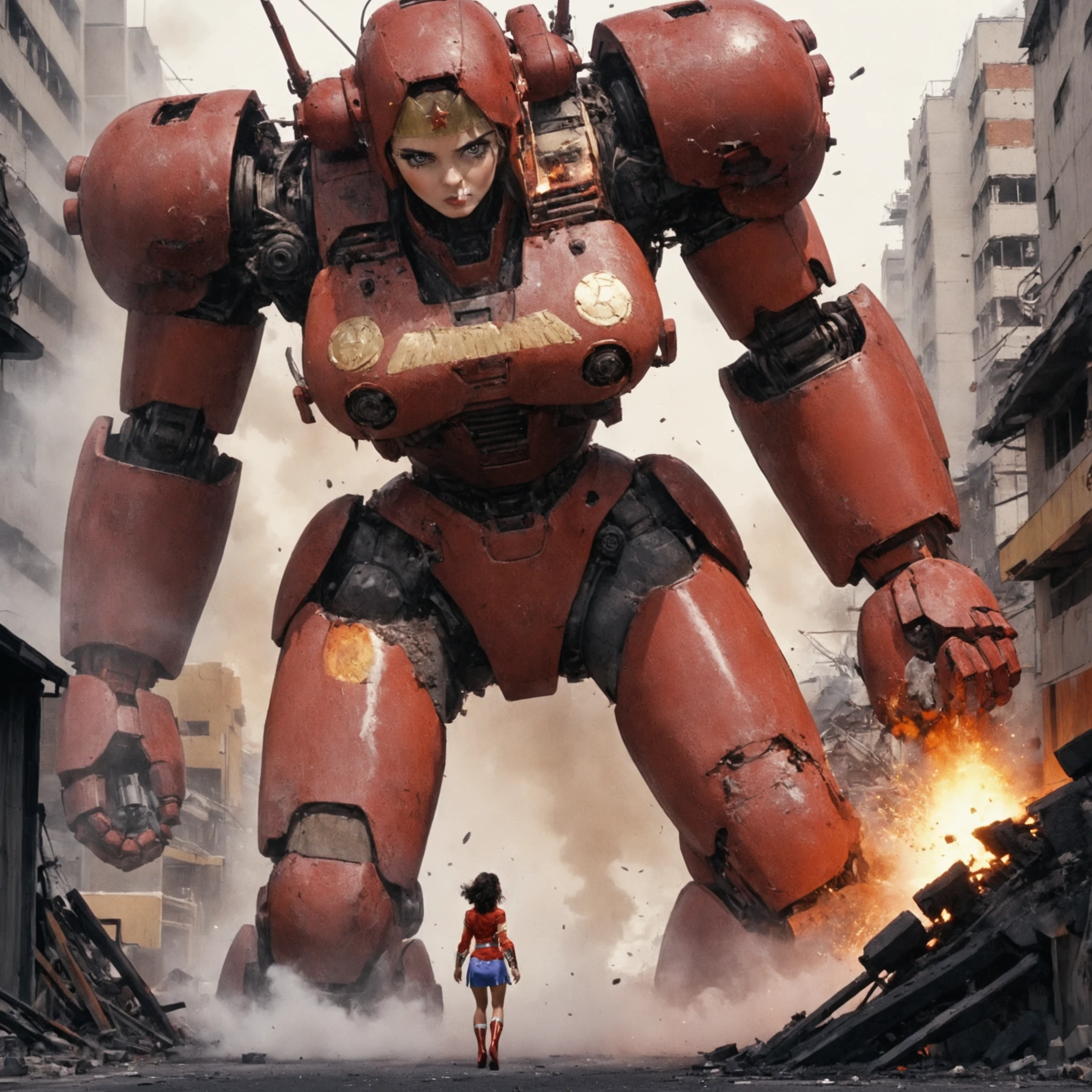 Explore the dynamic and futuristic illustrations of Katsuhiro Otomo extreme close-up, w0nd3r woman punching a giant robot, destroyed building, explosion, smoke, broken asphalt, graffiti <lora:w0nd3r-woman-000006:0.7> . Cyberpunk, intricate cityscapes, dystopian futures, gritty realism
