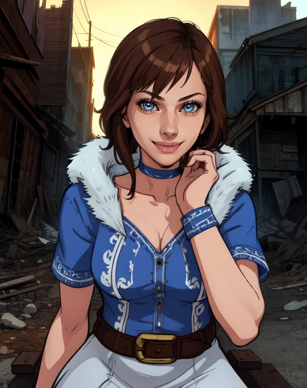 Olivia, brown hair, blue eyes,
choker, belt , skirt, blue shirt, fur trim, short white dress,
morning,western town,post-apocalypse,
standing,upper body, smile, sitting,
(insanely detailed, beautiful detailed face,, masterpiece, best quality) cinematic lighting,solo, <lora:Olivia:0.7>