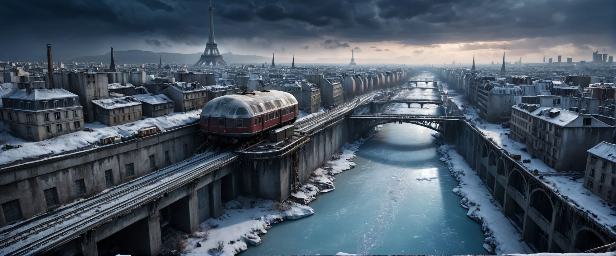 cinematic ground view of eschatological landscape of a frozen Paris, post apocalyptic city, harmonious, (bridges:0.4), (frozen waterfalls:1.1), (ultra realistic:1.2), (cables, antennas, parabolic receptors on rooftops, conditionning air systems:1.3), big frozen monuments, sinuous river, side, (frozen vegetation:0.4), holograms, night, terraces, ,deserted life, train station, drapery on windows, high resolution, city, view from above, from the ledge, slums, hyper detailled view, intricate city, atmospheric lighting, high contrast, dar mood, gigantism, ultra large wide angle, full view, <lora:xl_more_art-full_v1:0.4> <lora:SDS_Contrast tool_XL:0.2>, great composition, rules of third, organic city , dramatic sky, storm in background,, shallow depth of field, vignette, highly detailed, high budget, bokeh, cinemascope, moody, epic, gorgeous, grainy, , 8k uhd, dslr, soft lighting, high quality, (film_grain:1.2), cinematic style, Leica M4, 50mm f/1.4 lens, f/2.8, ISO 400, 1/125 sec,