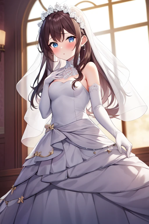 bridal, 1girl, looking at viewer, blush, solo, bare shoulders, flower, long hair, bridal veil, gloves