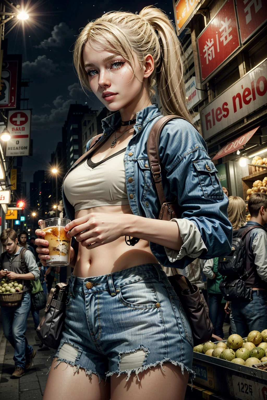 (masterpiece, best quality:1.3)
<lora:epi_noiseoffset2:1> <lora:add_detail:0.7> <lora:MortalCassieCage:0.8>
MortalCassieCage, 1girl, solo, blonde hair, Night, Energetic, Colorful Lights, Bustling Market, Street Food, Casual
